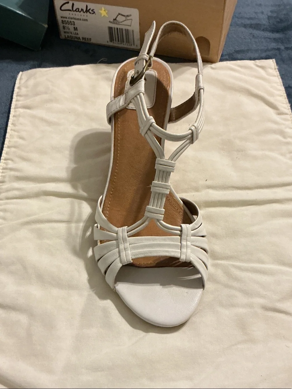 Clarks White Strappy T‑Bar Wedge Sandal